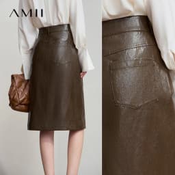 AMII Minimalist PU Leather Skirt For Women 2026 American Retro Knee-Length Skirt Solid Basics Business Women's Clothing 12553014