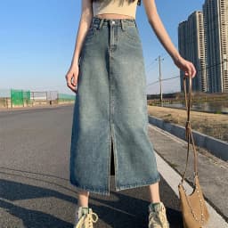 Summer New High-Waist Slit Denim Skirt For Women Washed Retro A- Line Skirt Hip-Covering Straight Long Skirt