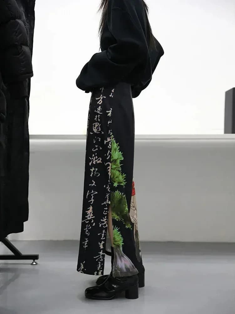 Tie Dye Black Print Skirts Womens A-line Split Long Skirt Harajuku Japanese Streetwear Gothic Faldas Largas Mujer 2026 Fairycore