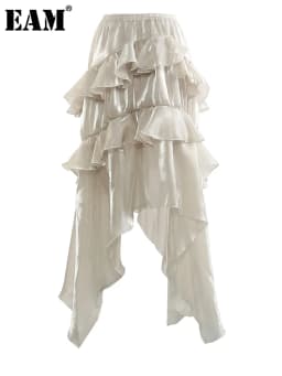 [EAM] High Elastic Waist Champagne Glossy Ruffles Irregular Half-body Skirt Women Fashion Tide New Spring Autumn 2026 1DJ0349