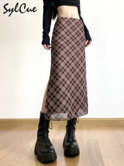 Sylcue French Style Rhomboid Classic Retro All-match Casual Fashionable Cool Self-confidence Street Women Autumn Straight Skirt