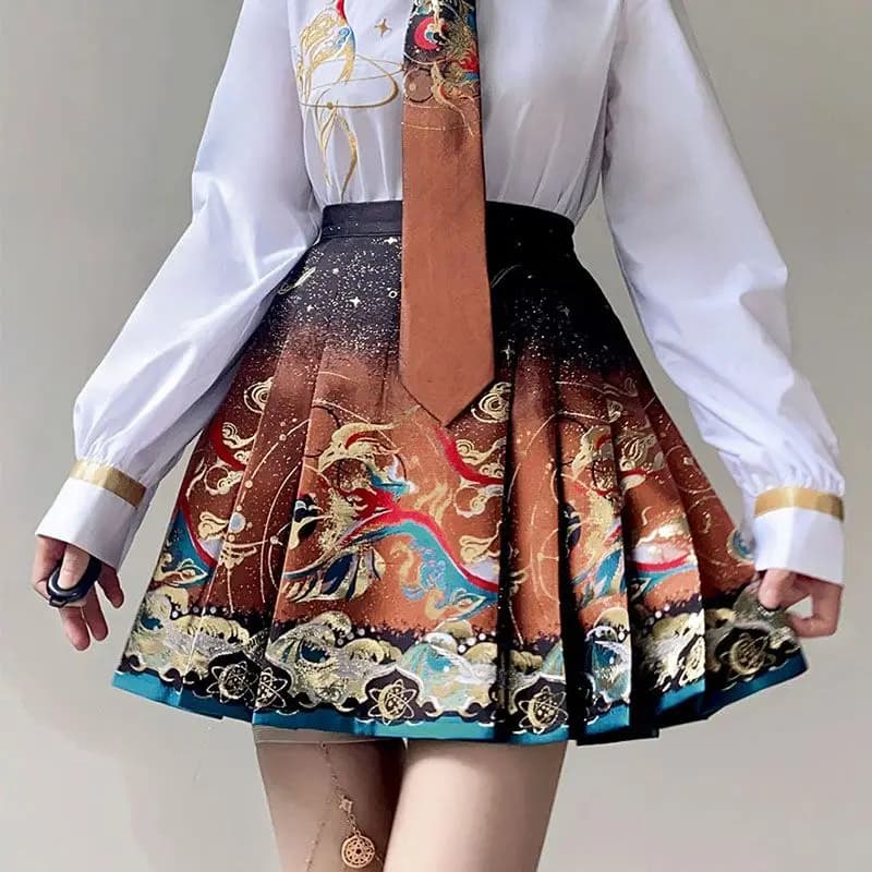 Chinese Style Improved Ming Dynasty Exquisite Printed Horse-face Skirt Women High Waist All-match Pleated Mini Horse-face Skirt