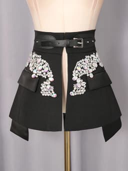 VGH Women's Chic Fashion Black Crystal Embellished Party Skirts High Waist Belted Faux Two Piece Skirt for Luxury Dinner Date