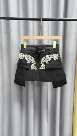 VGH Women's Chic Fashion Black Crystal Embellished Party Skirts High Waist Belted Faux Two Piece Skirt for Luxury Dinner Date