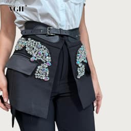 VGH Women's Chic Fashion Black Crystal Embellished Party Skirts High Waist Belted Faux Two Piece Skirt for Luxury Dinner Date