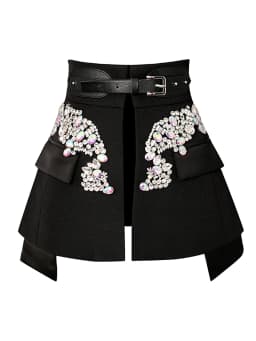 VGH Women's Chic Fashion Black Crystal Embellished Party Skirts High Waist Belted Faux Two Piece Skirt for Luxury Dinner Date