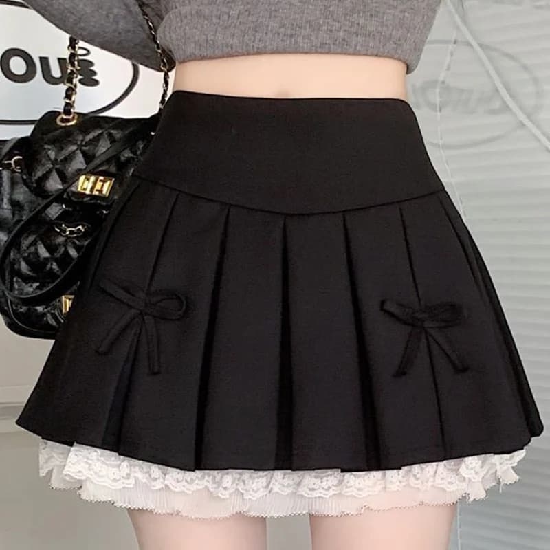 2025 Summer Fashion Lace A-Line Mini Skirts for Women Korean Solid Bowknit Woman Skirts All-match Pleated Skirt Mujer