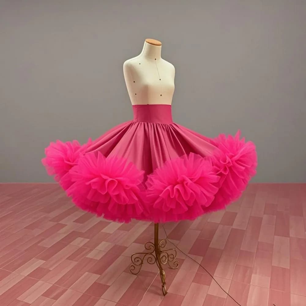 Fuchsia Knee Length Women Satin Skirt With Ruffles Bottom Costumes For Stage Show Skirts For Photoshoots