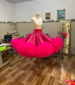 Fuchsia Knee Length Women Satin Skirt With Ruffles Bottom Costumes For Stage Show Skirts For Photoshoots