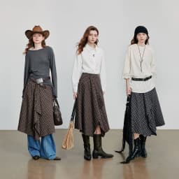 TOYOUTH Women Ankle Length Skirt 2025 Autumn New Wave Style Retro Grid A Line Irregular Umbrella Skirt