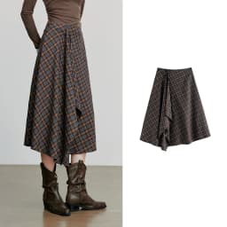 TOYOUTH Women Ankle Length Skirt 2025 Autumn New Wave Style Retro Grid A Line Irregular Umbrella Skirt