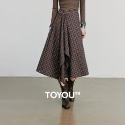 TOYOUTH Women Ankle Length Skirt 2025 Autumn New Wave Style Retro Grid A Line Irregular Umbrella Skirt