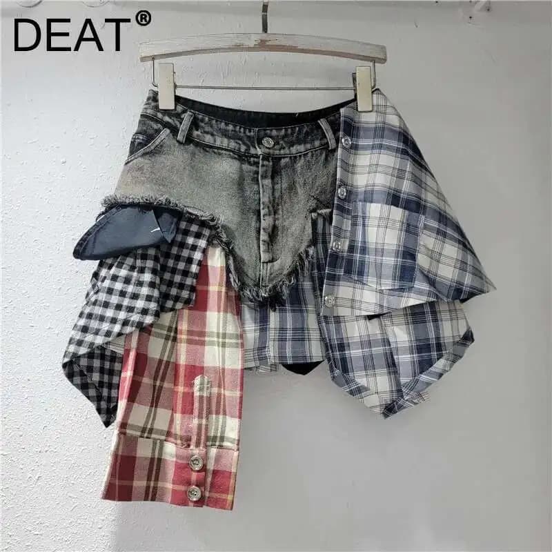 DEAT Fashion Women's Patchwork Plaid Button Design Denim 2024 Summer Skirts New A-line High Waist Mini Skirt Female 29L7797