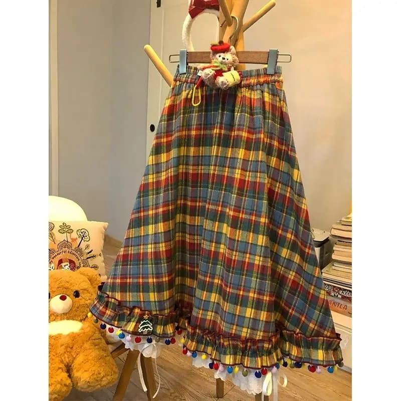 Rainbow candy bean plaid retro salt series colorful plaid pleated skirt autumn and winter half lace cute skirt