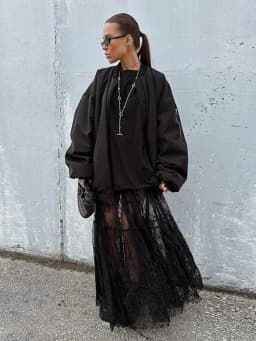 Mueyeruho 2026 Spring Summer Women Sexy Maxi Lace Skirts Solid High Waist Flare Long Skirt For Women