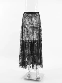 Mueyeruho 2026 Spring Summer Women Sexy Maxi Lace Skirts Solid High Waist Flare Long Skirt For Women