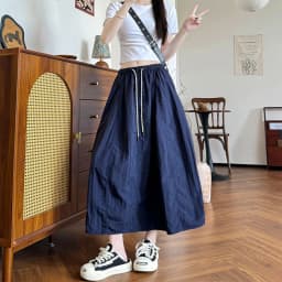 Harajuku Loose Parachute Skirts Women Vintage Streetwear Drawstring Long Skirt Female Summer Elastic Waist Solid Maxi Skirts