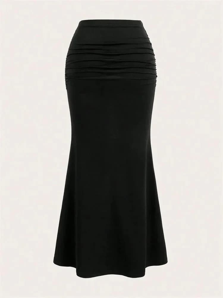 Solid Bodycon Ruched Long Skirt Women Sexy Black Elastic Elegant High Waist Mermaid Maxi Skirts Summer Streetwear 2024