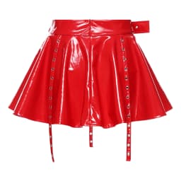 Womens Glossy PU Leather Latex Miniskirt Eyelets Tassel Fake Waist Belt Pleated Hem A-line Skirt Gothic Punk Rave Clubwear