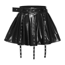 Womens Glossy PU Leather Latex Miniskirt Eyelets Tassel Fake Waist Belt Pleated Hem A-line Skirt Gothic Punk Rave Clubwear