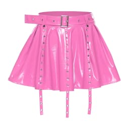 Womens Glossy PU Leather Latex Miniskirt Eyelets Tassel Fake Waist Belt Pleated Hem A-line Skirt Gothic Punk Rave Clubwear