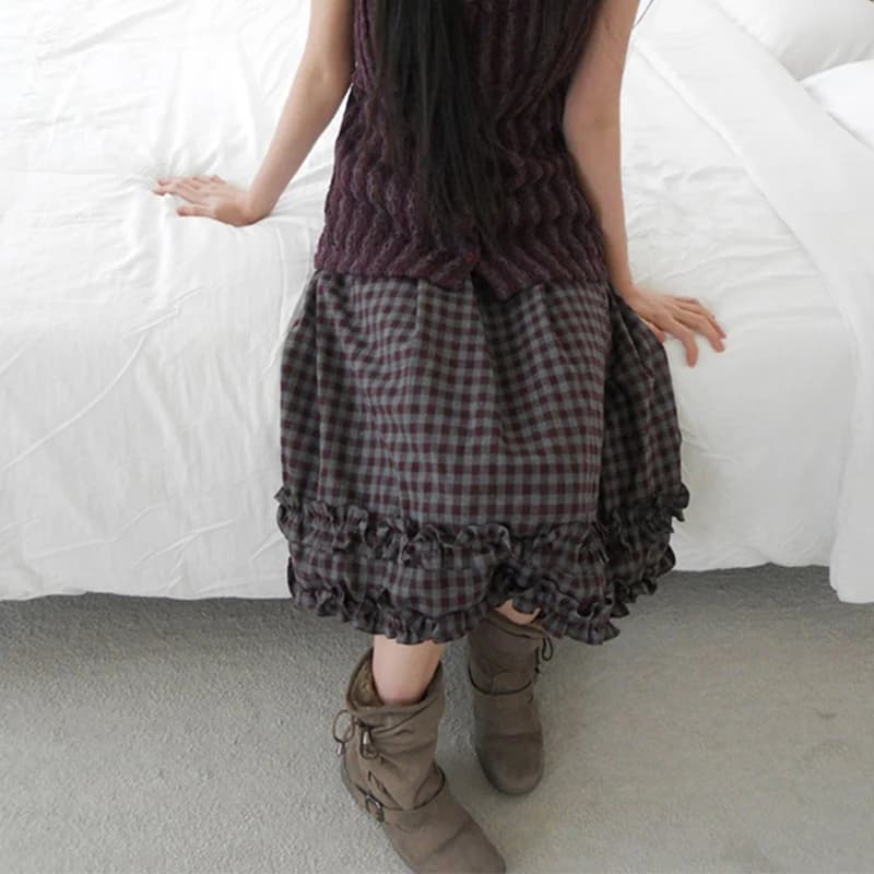 MEXZT Vintage Plaid Midi Skirt Women Japanese Harajuku Ruffles Patchwork Skirts Summer Y2K Streetwear Casual A Line Faldas New