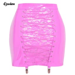 Womens Front Zipper Back Bodycon Mini Skirt Wet Look PU Leather Latex Miniskirt Sheer Floral Lace-up Sexy Gothic Skirts Clubwear