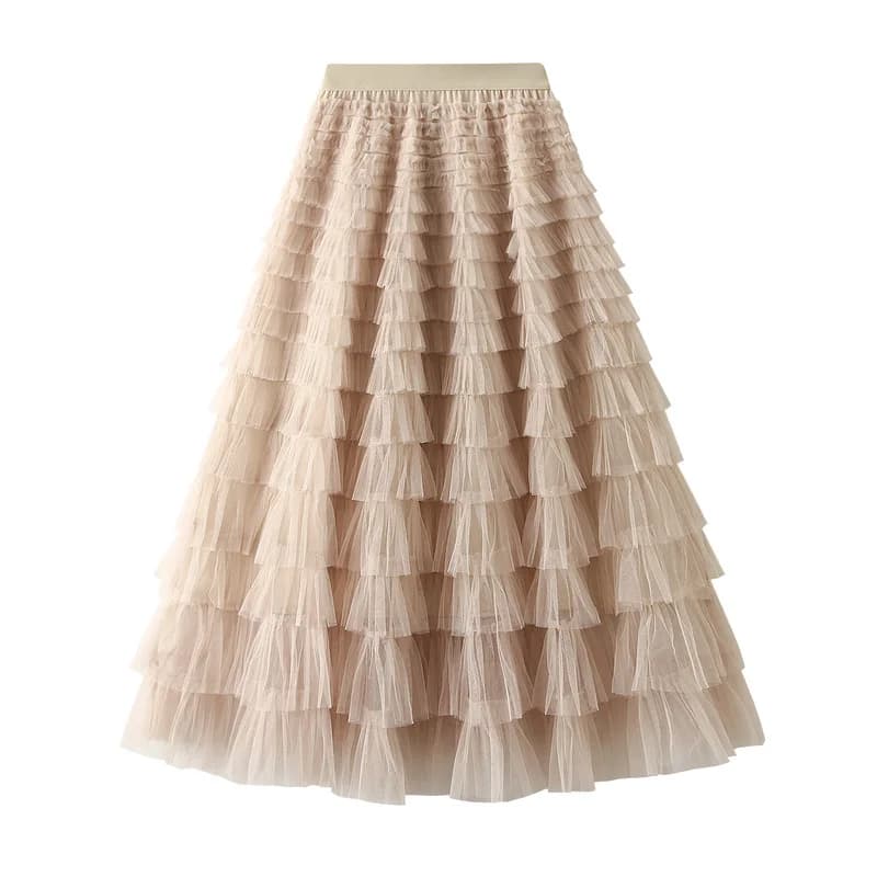 New Arrival 2025 Tulle Cake Long Skirt Women Spring Summer Ruffle Pleated A-Line Chic Skirt Ladies Sweet Black White Tutu Skirts