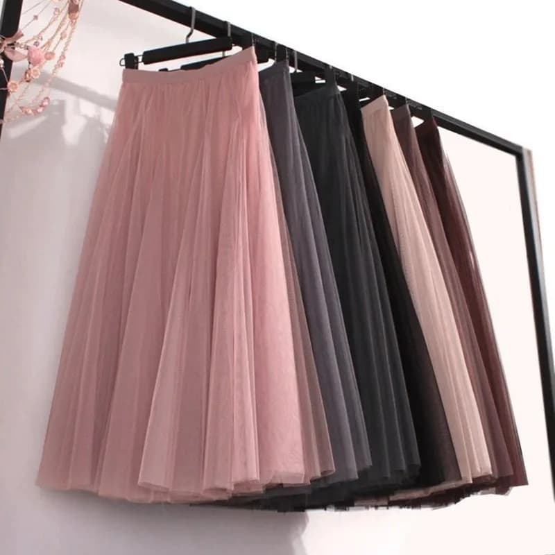 Spring Autumn Summer Holiday Beach Women Long Midi Skirt Fashion Ladies Elastic High Waist Tulle Mesh Pleated Tutu Skirt