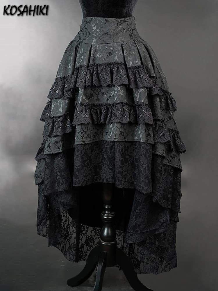 Women Harajuku Black Printing Skirts Lace Patchwork Vintage Gothic Streetwear Lace Patchwork Jupe Y2k Aesthetic Grunge Faldas