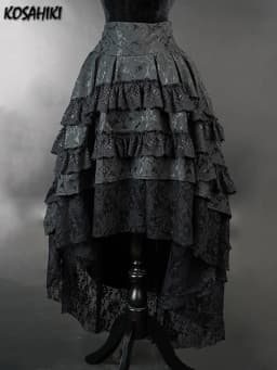 Women Harajuku Black Printing Skirts Lace Patchwork Vintage Gothic Streetwear Lace Patchwork Jupe Y2k Aesthetic Grunge Faldas