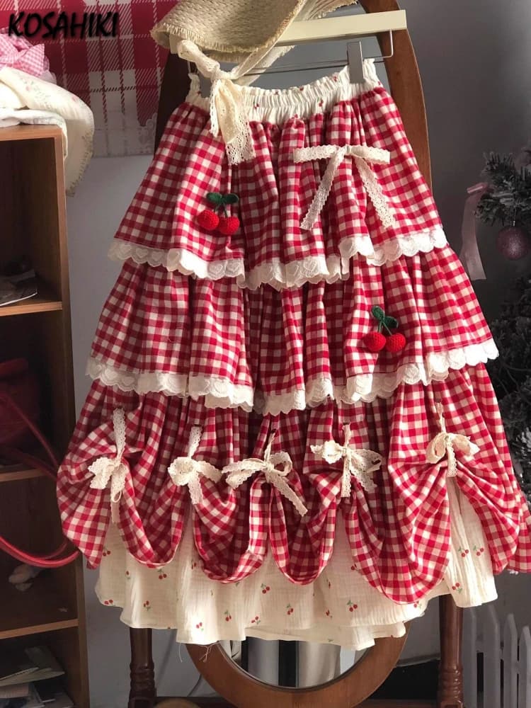 2025 Women Harajuku Plaid Patchwork Lace Skirts Summer Vintage Sweet Bow Fairy Streetwear Cake Jupe Y2k Aesthetic Grunge Faldas