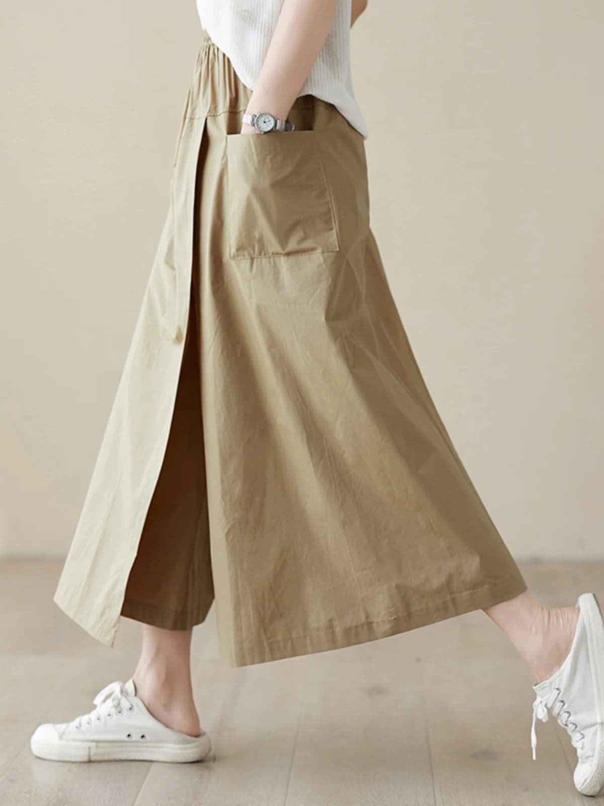 High Waist A-Line Midi Skirt Cotton Linen Women's Workwear Style Drawstring Pleated Skirt Commute Style Pure Color Skirt