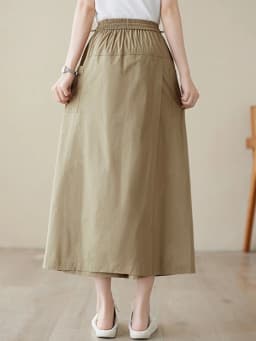 High Waist A-Line Midi Skirt Cotton Linen Women's Workwear Style Drawstring Pleated Skirt Commute Style Pure Color Skirt