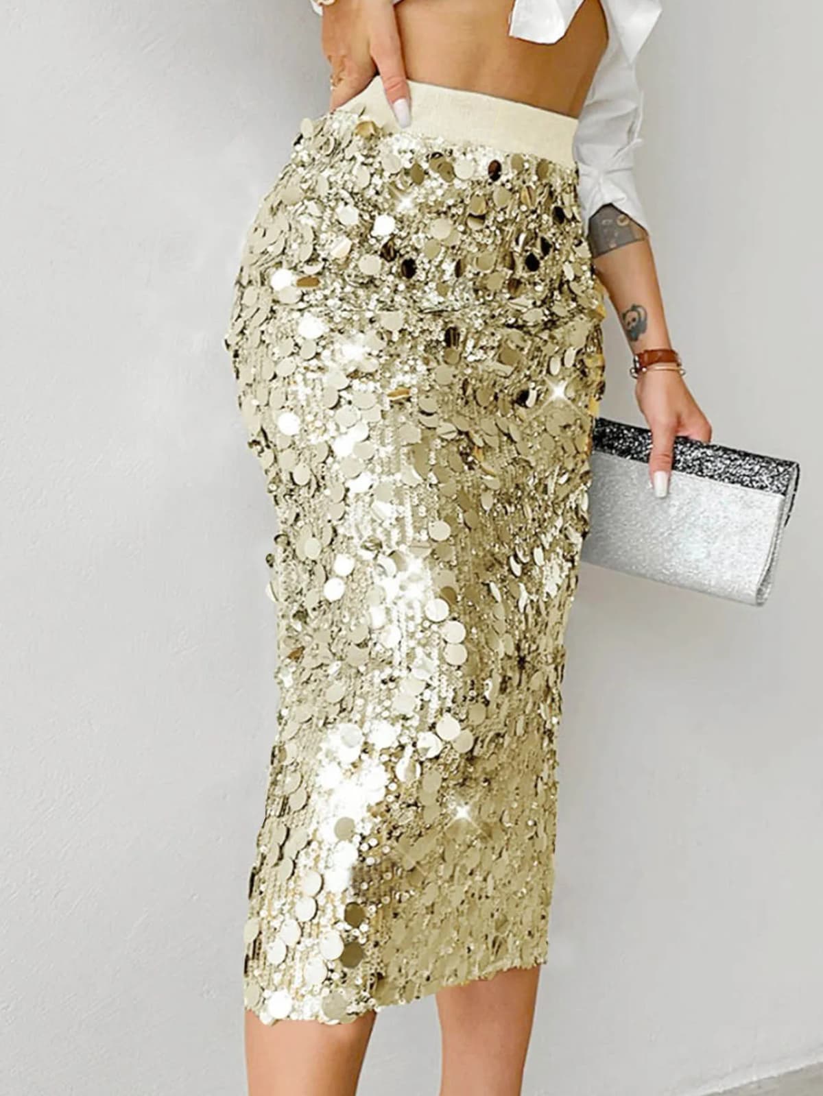 Women's Solid Color Sequin Midi Skirt High Waist Bodycon Sparkly Pencil Skirt Elegant Party Skirt For Evening Event & Dating