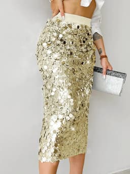 Women's Solid Color Sequin Midi Skirt High Waist Bodycon Sparkly Pencil Skirt Elegant Party Skirt For Evening Event & Dating