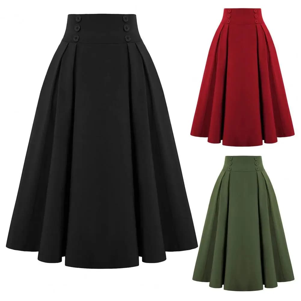 Fashion Women Skirt Elastic High Waist A-Line Midi Skirt Contrast Color Plaid Print Large Hem Mid-Calf Length Skirt