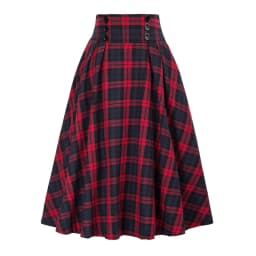 Fashion Women Skirt Elastic High Waist A-Line Midi Skirt Contrast Color Plaid Print Large Hem Mid-Calf Length Skirt