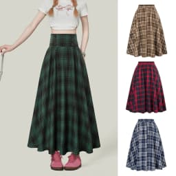 Fashion Women Skirt Elastic High Waist A-Line Midi Skirt Contrast Color Plaid Print Large Hem Mid-Calf Length Skirt