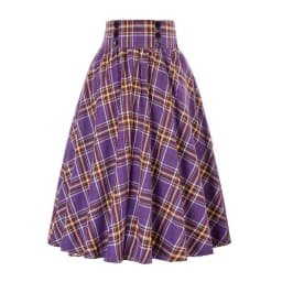 Fashion Women Skirt Elastic High Waist A-Line Midi Skirt Contrast Color Plaid Print Large Hem Mid-Calf Length Skirt