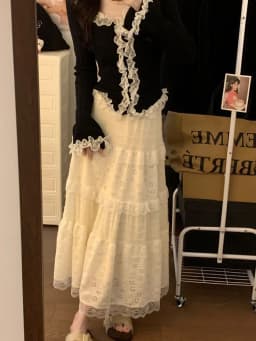 Japanese Sweet Midi Skirt Women Lace Patchwork Ruffle Autumn Winter Cake Skirts Cute High Waist All Match Loose Casual Skirt New
