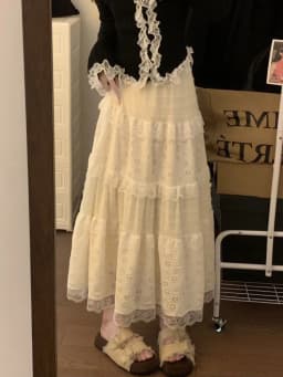 Japanese Sweet Midi Skirt Women Lace Patchwork Ruffle Autumn Winter Cake Skirts Cute High Waist All Match Loose Casual Skirt New