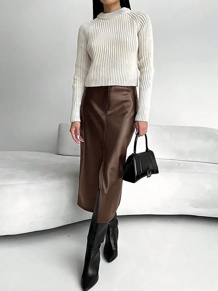 High Waist Leather Skirt for Women Front Slit Long Office Lady Slim Fit Elegant Spring Autumn Ropa De Mujer