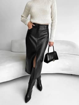 High Waist Leather Skirt for Women Front Slit Long Office Lady Slim Fit Elegant Spring Autumn Ropa De Mujer