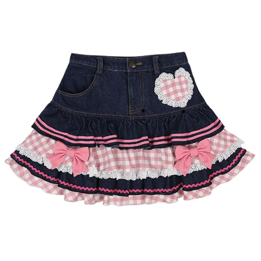 2025 Sweet Lolita Mini Denim Skirts Women Gothic Lace Plaid Hearts Ruffles Jk Skirt Japanese Girls Sexy Y2k Punk Tiered Skirt
