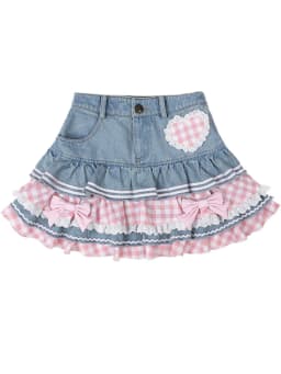 2025 Sweet Lolita Mini Denim Skirts Women Gothic Lace Plaid Hearts Ruffles Jk Skirt Japanese Girls Sexy Y2k Punk Tiered Skirt