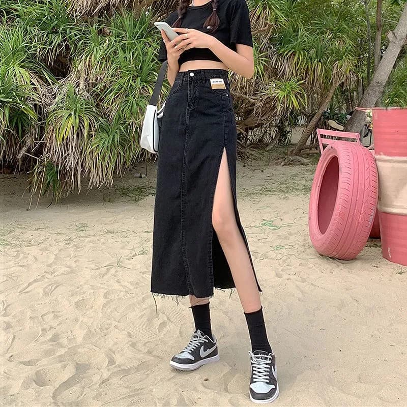 High Waist A-Line Skirt Slim Fit Denim Skirts Women's Mid-Length Summer Skirts Thin Model Fashionable Classic Blue