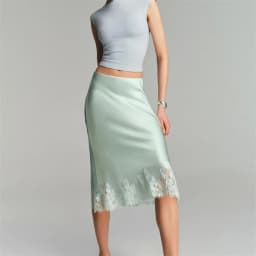Womens Elegant Midi Skirts Summer High Waist Lace Satin Trumpet Skirt Woman Luxury Slim Korean Fashion Lace Patchwork Skirts