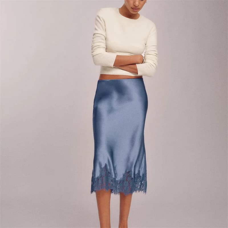 Womens Elegant Midi Skirts Summer High Waist Lace Satin Trumpet Skirt Woman Luxury Slim Korean Fashion Lace Patchwork Skirts