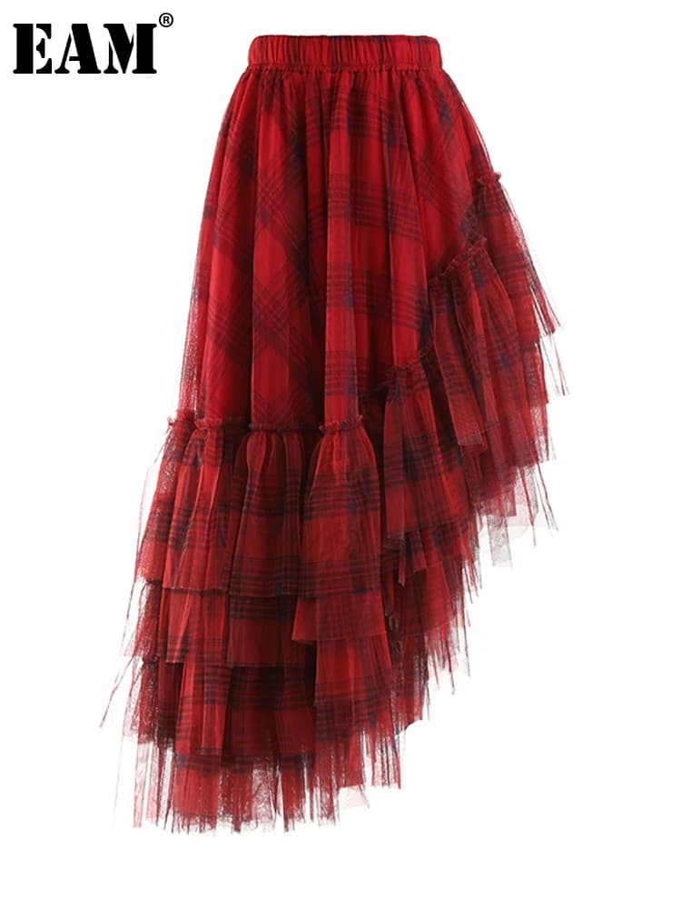 [EAM] High Elastic Waist Red Plaid Mesh Irregular Long Casual Half-body Skirt Women Fashion Tide New Spring Autumn 2026 1DF1247